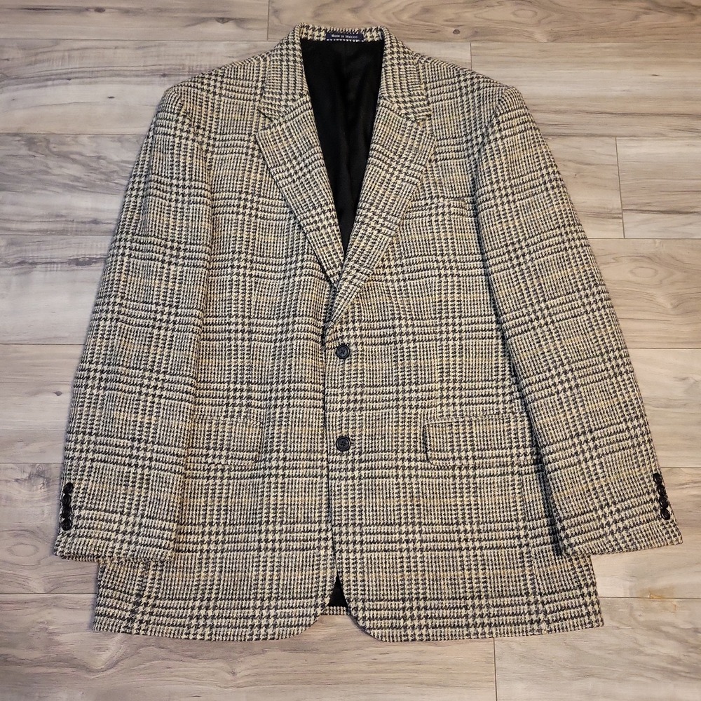 Harris Tweed Sport Coat Mens 44R Wool Glen Plaid Blazer Lands End Hand Woven